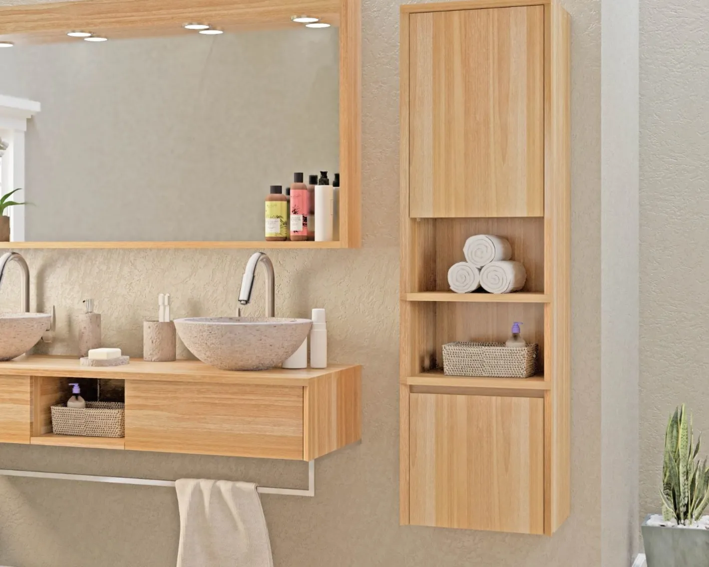 Colonne de rangement en teck avec porte, niches et tiroir "Tika" Meuble Sous Vasque