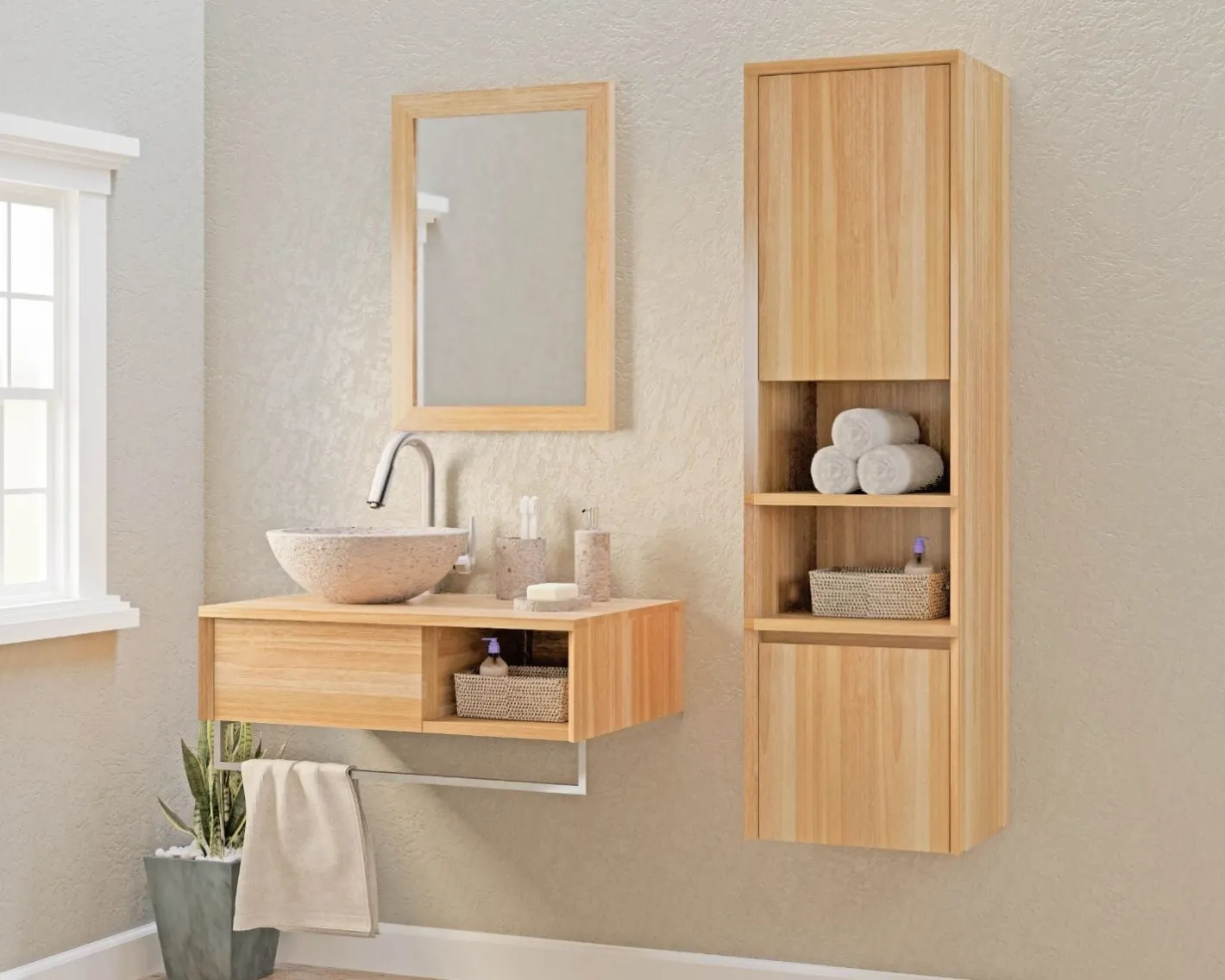 Colonne de rangement en teck avec porte, niches et tiroir "Tika" Meuble Sous Vasque