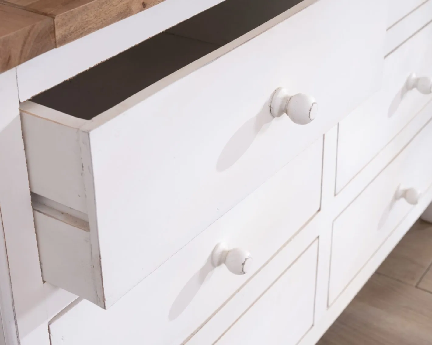 Outlet Commode 6 tiroirs en acacia "Equinoxe" blanche et plateau naturel Commode