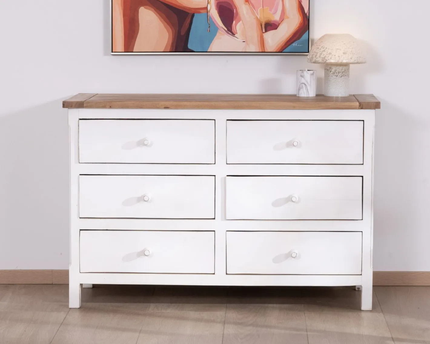 Outlet Commode 6 tiroirs en acacia "Equinoxe" blanche et plateau naturel Commode