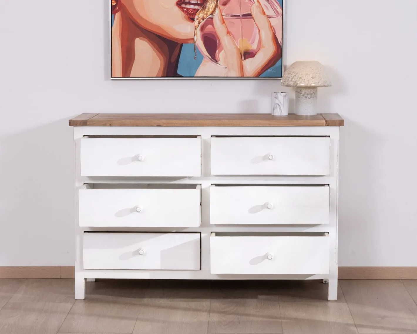 Outlet Commode 6 tiroirs en acacia "Equinoxe" blanche et plateau naturel Commode