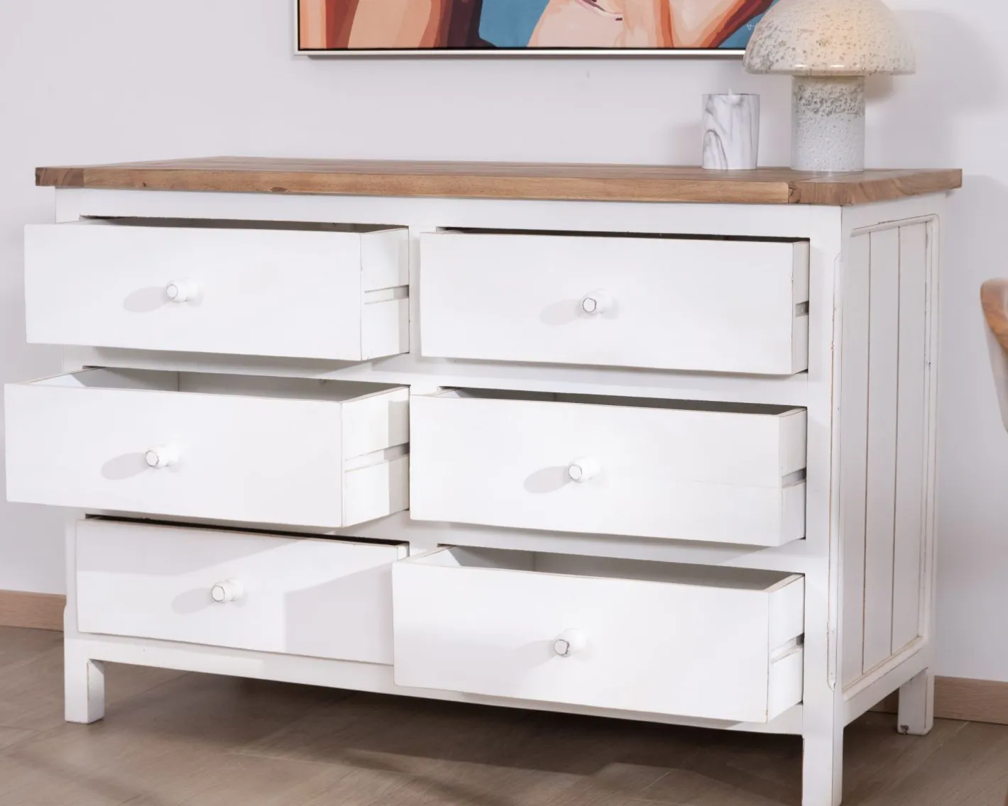 Outlet Commode 6 tiroirs en acacia "Equinoxe" blanche et plateau naturel Commode
