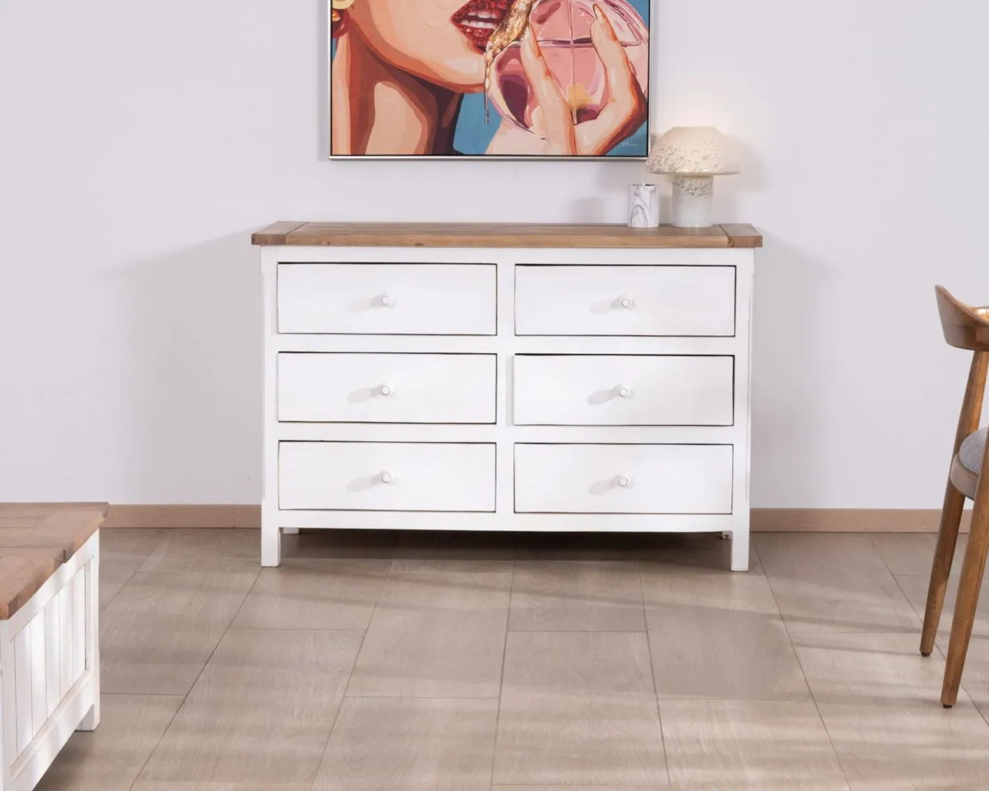 Outlet Commode 6 tiroirs en acacia "Equinoxe" blanche et plateau naturel Commode