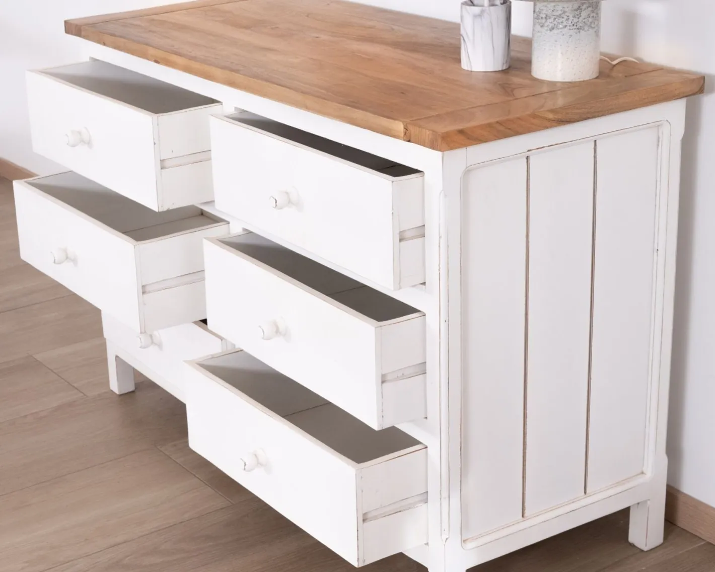 Outlet Commode 6 tiroirs en acacia "Equinoxe" blanche et plateau naturel Commode