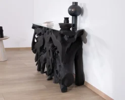 Discount Console 150 cm en racine de teck teintée noir avec plateau verre "Jungle" Console|Console