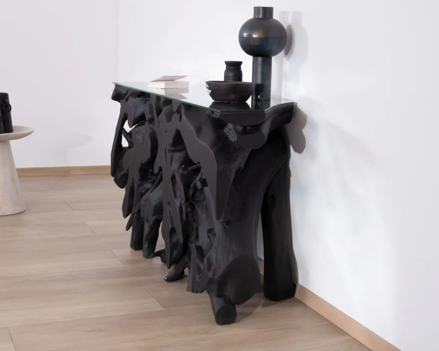 Discount Console 150 cm en racine de teck teintée noir avec plateau verre "Jungle" Console|Console