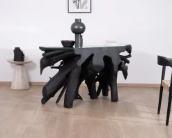 Discount Console 150 cm en racine de teck teintée noir avec plateau verre "Jungle" Console|Console