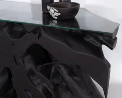 Discount Console 150 cm en racine de teck teintée noir avec plateau verre