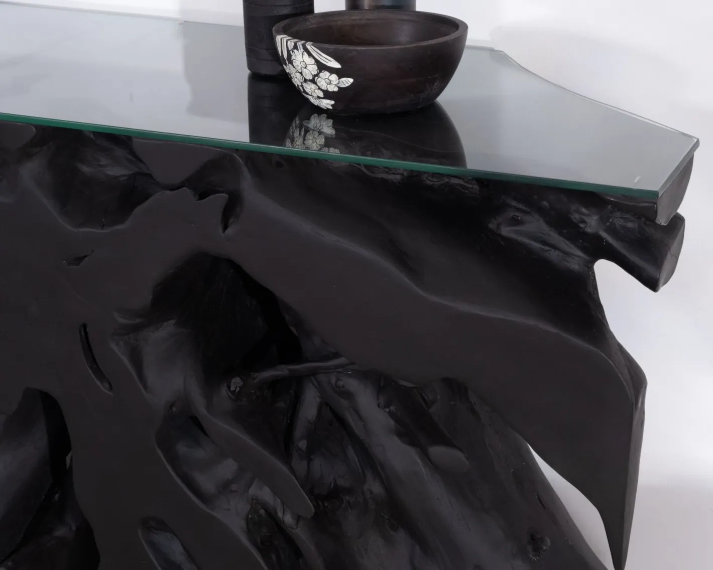 Discount Console 150 cm en racine de teck teintée noir avec plateau verre "Jungle" Console|Console