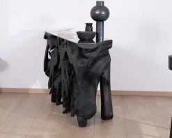 Discount Console 150 cm en racine de teck teintée noir avec plateau verre