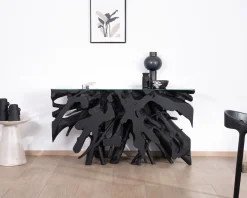 Discount Console 150 cm en racine de teck teintée noir avec plateau verre
