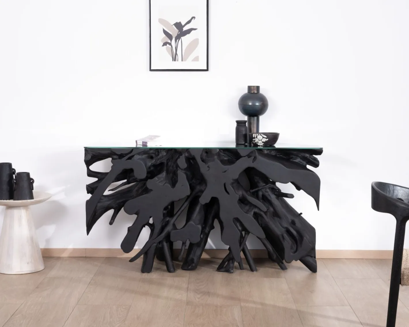 Discount Console 150 cm en racine de teck teintée noir avec plateau verre "Jungle" Console|Console