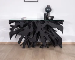 Discount Console 150 cm en racine de teck teintée noir avec plateau verre