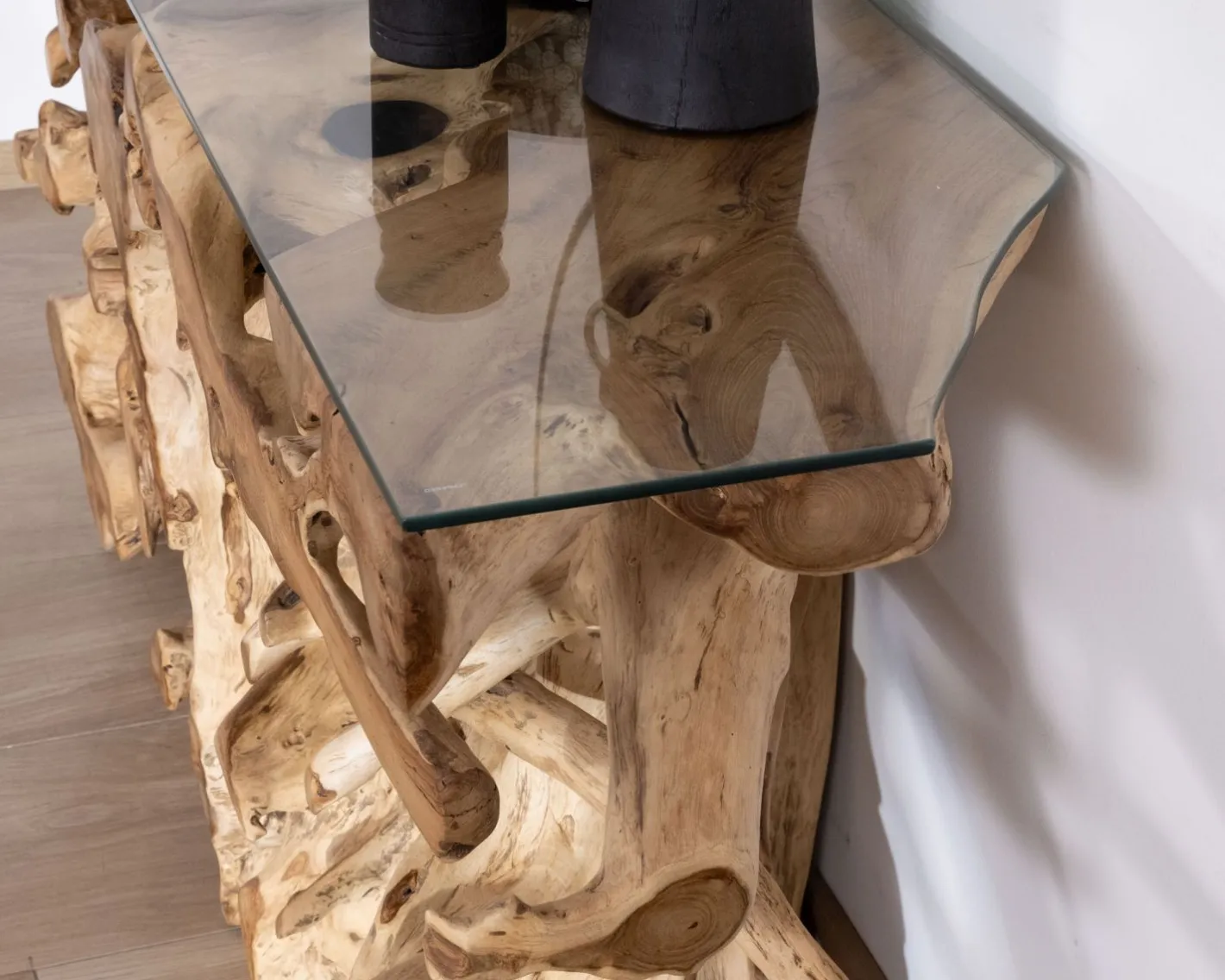 Discount Console en racine de teck naturel avec plateau verre "Jungle" Console|Console