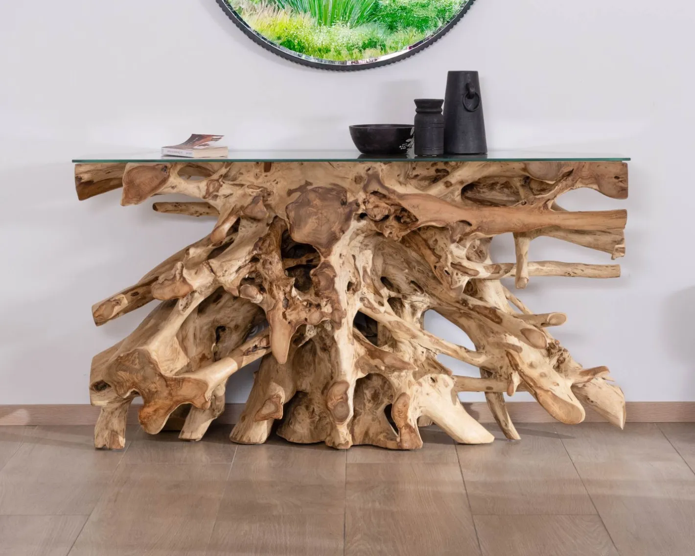 Discount Console en racine de teck naturel avec plateau verre "Jungle" Console|Console