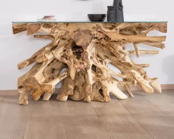 Discount Console en racine de teck naturel avec plateau verre