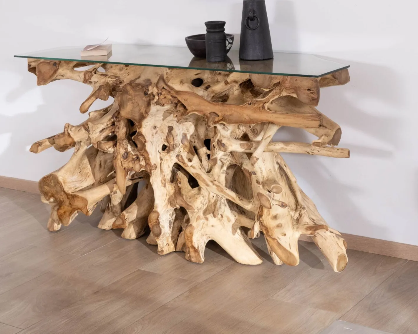 Discount Console en racine de teck naturel avec plateau verre "Jungle" Console|Console