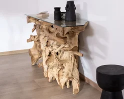 Discount Console en racine de teck naturel avec plateau verre
