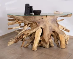 Discount Console en racine de teck naturel avec plateau verre