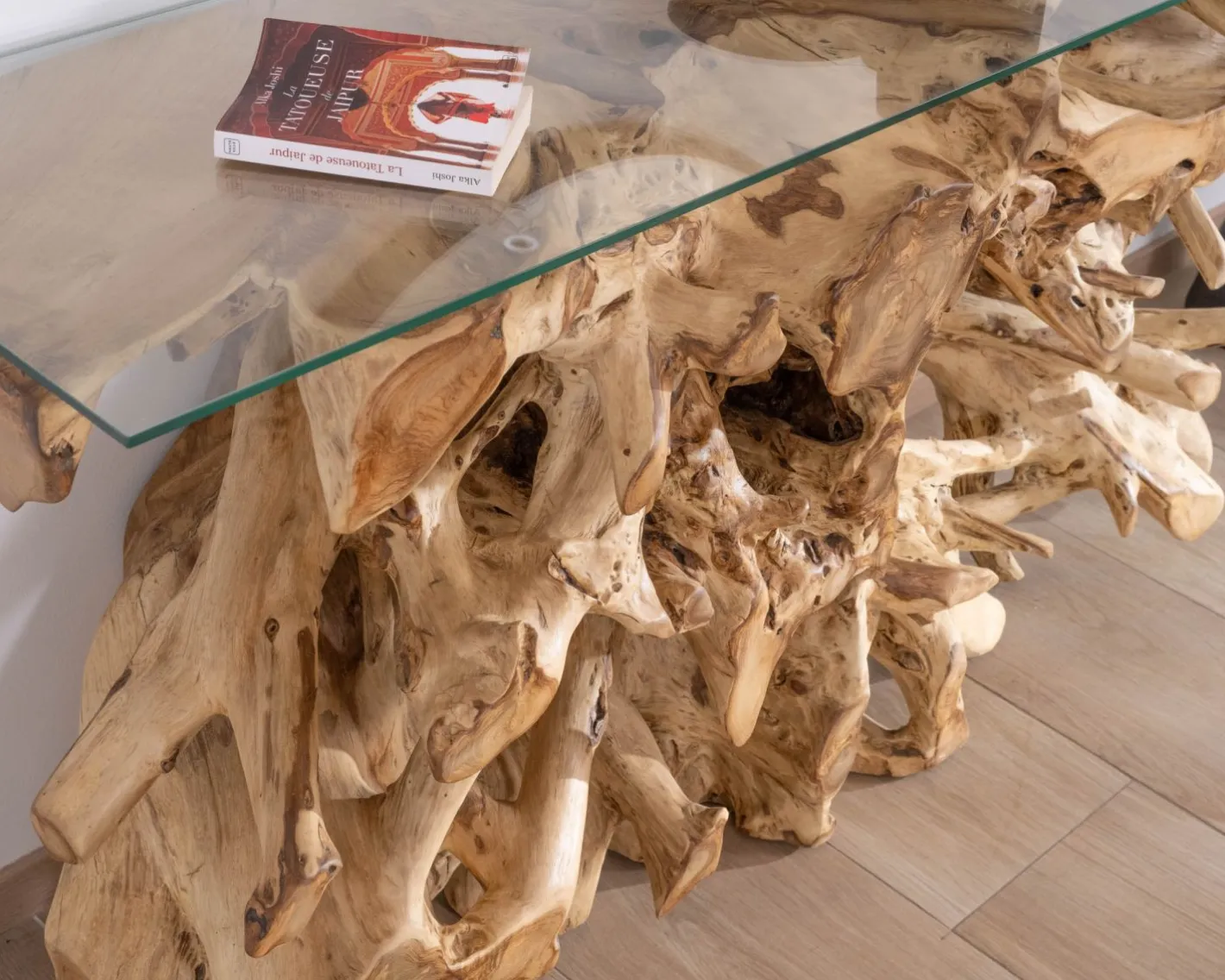 Discount Console en racine de teck naturel avec plateau verre "Jungle" Console|Console