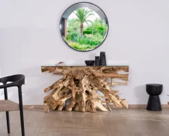 Discount Console en racine de teck naturel avec plateau verre