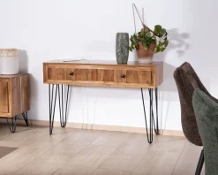 Console vintage en acacia et pieds métal