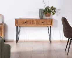 Console vintage en acacia et pieds métal