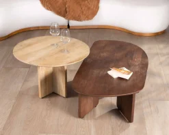 Discount Duo de tables basses en manguier naturel et marron finition sablée