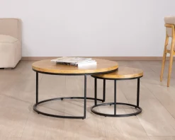 Clearance Duo de tables basses gigognes "Calypso" en métal et plateaux en bois Table D'Appoint|Table Basse Ovale Ou Ronde