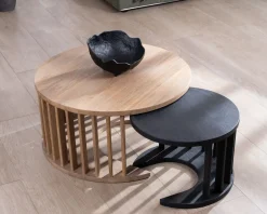 New Duo de tables basses rondes en manguier sablé marron et noir 