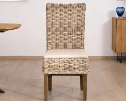 New Elégante chaise de repas en rotin tressé avec galette d'assise en tissu 
