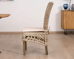 New Elégante chaise de repas en rotin tressé avec galette d'assise en tissu 