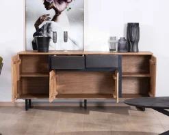 Enfilade 175cm en acacia avec 2 tiroirs et pieds métal noirs 