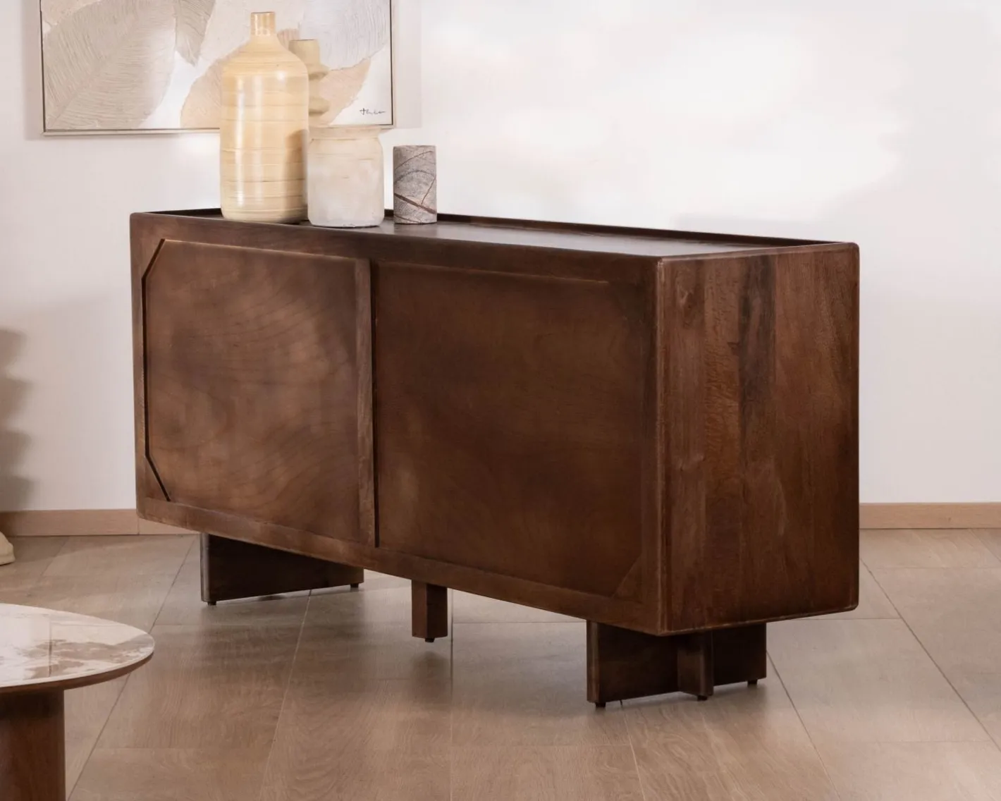Enfilade esprit rétro chic 4 portes 180 cm en manguier massif teinte noyer "Odessa" Buffet Et Bahut