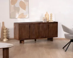 Enfilade esprit rétro chic 4 portes 180 cm en manguier massif teinte noyer