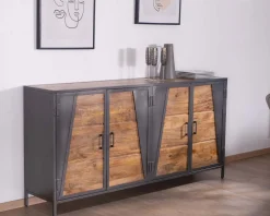 Discount Enfilade industrielle métal gris et bois de manguier 