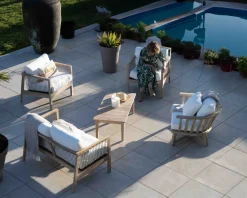 Clearance Ensemble canapé et fauteuils matelassés en teck et corde 