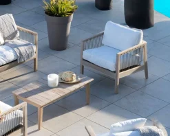 Clearance Ensemble canapé et fauteuils matelassés en teck et corde 