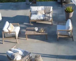 Clearance Ensemble canapé et fauteuils matelassés en teck et corde 