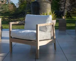 Clearance Ensemble canapé et fauteuils matelassés en teck et corde 