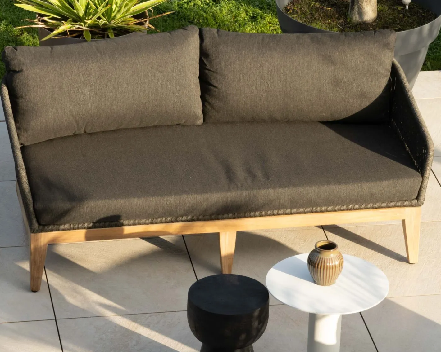 New Ensemble de jardin haut de gamme 3 pièces en teck et tissu gris foncé "Tuléo" Canapé De Jardin|Salon De Jardin