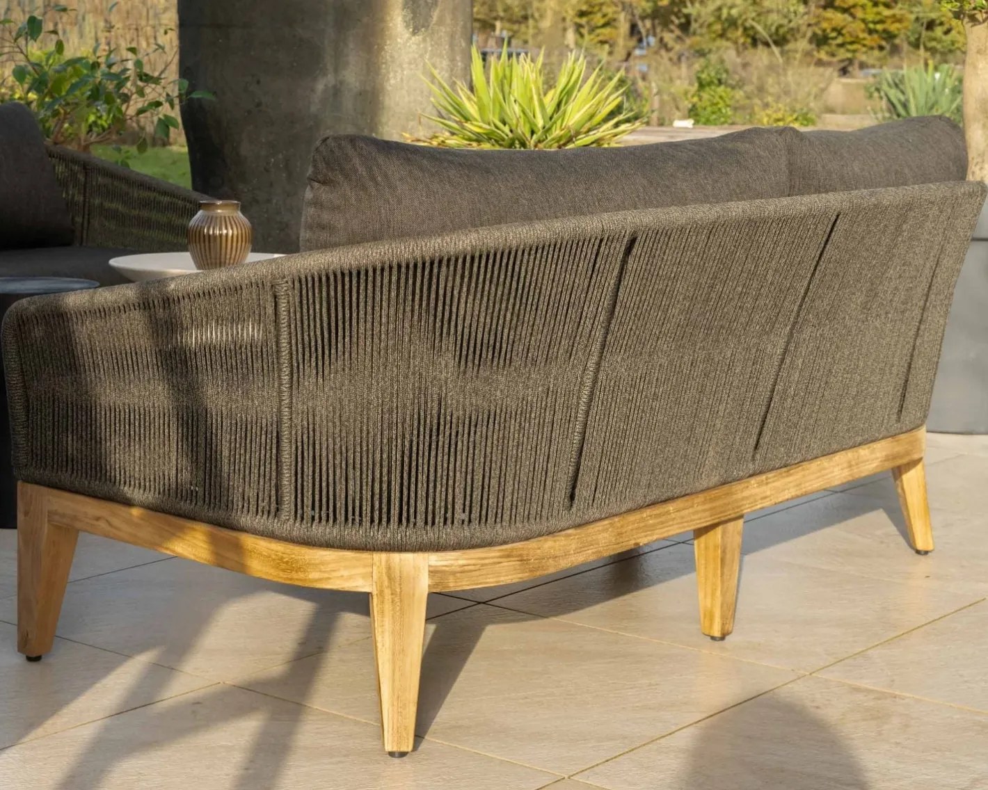 New Ensemble de jardin haut de gamme 3 pièces en teck et tissu gris foncé "Tuléo" Canapé De Jardin|Salon De Jardin