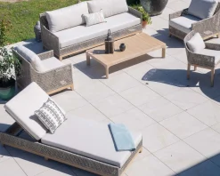 Discount Ensemble de jardin tressé en teck et tissu haut de gamme chiné "Porticcio" Canapé De Jardin|Salon De Jardin