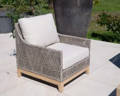 Discount Ensemble de jardin tressé en teck et tissu haut de gamme chiné 
