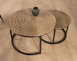Clearance Ensemble de 2 tables basses rondes gigognes noires plateau bois "Joe" Table Basse Ovale Ou Ronde
