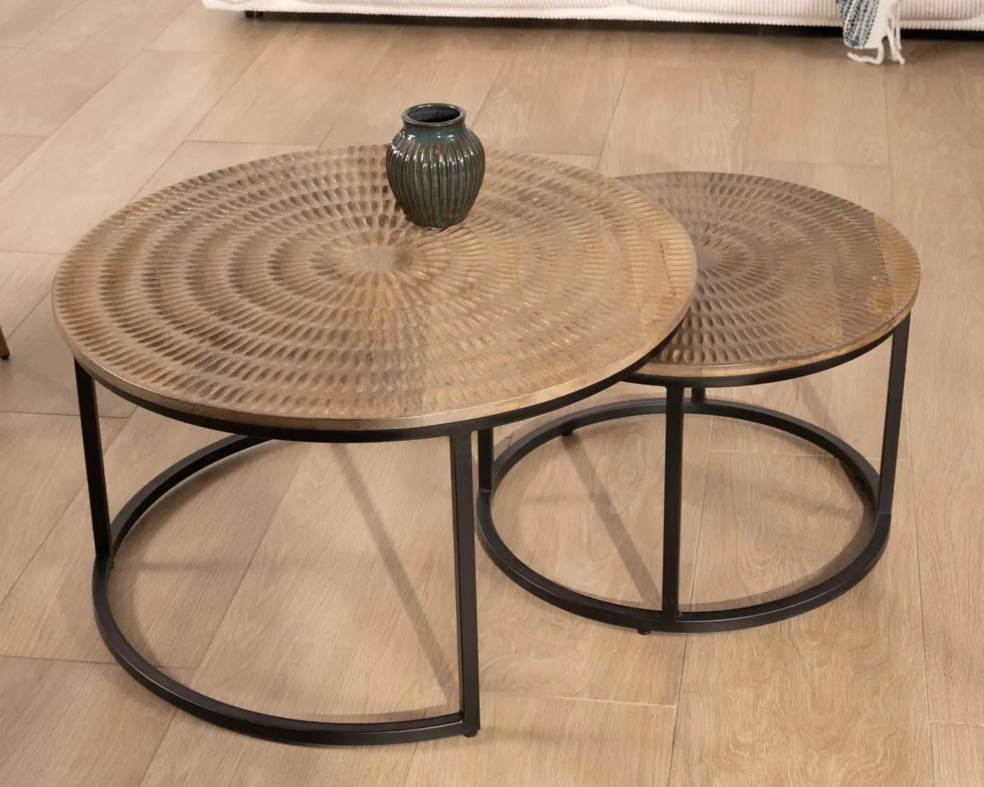 Clearance Ensemble de 2 tables basses rondes gigognes noires plateau bois "Joe" Table Basse Ovale Ou Ronde