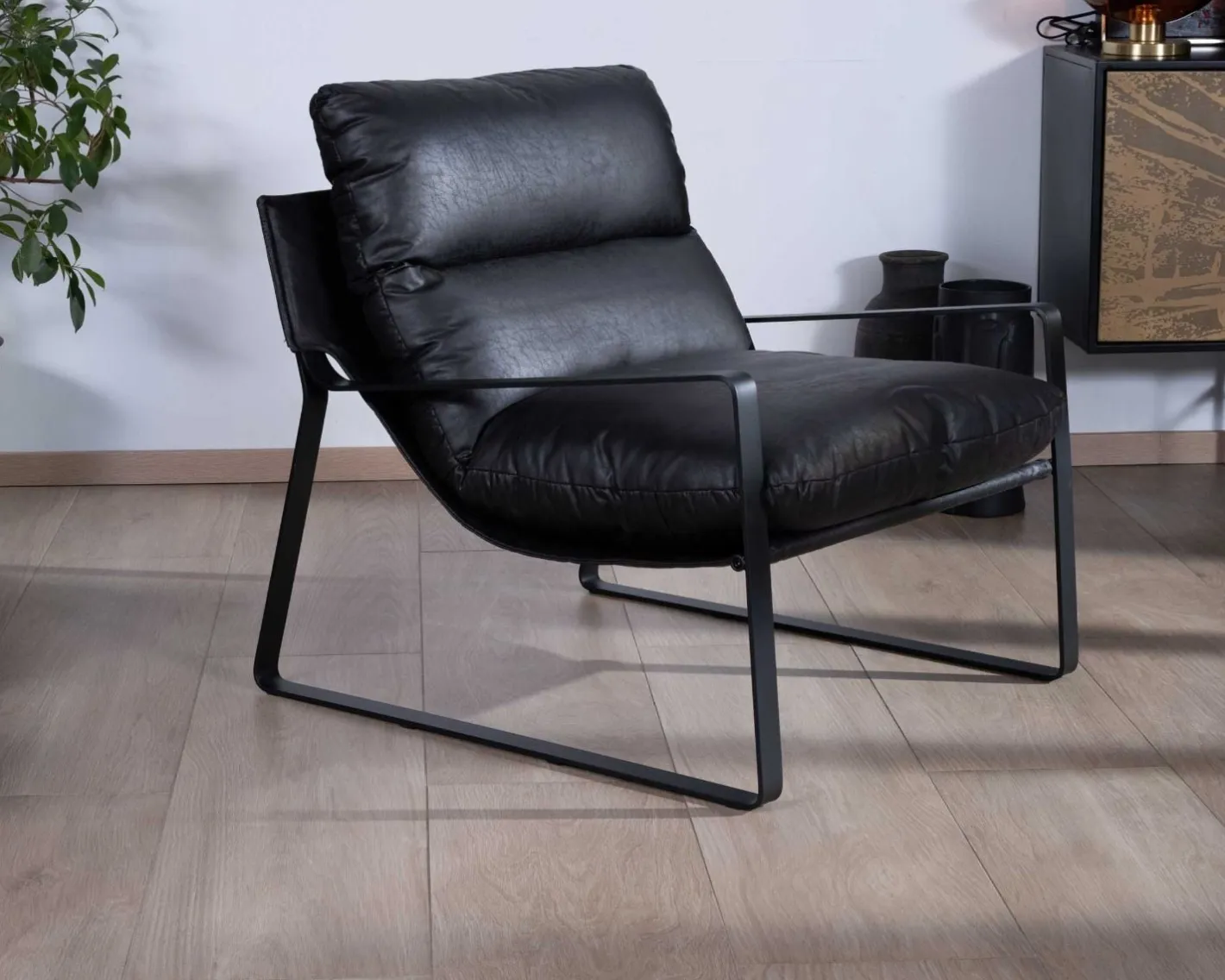 Discount Fauteuil club revisité tissu anthracite et métal noir "Torsten" Fauteuil