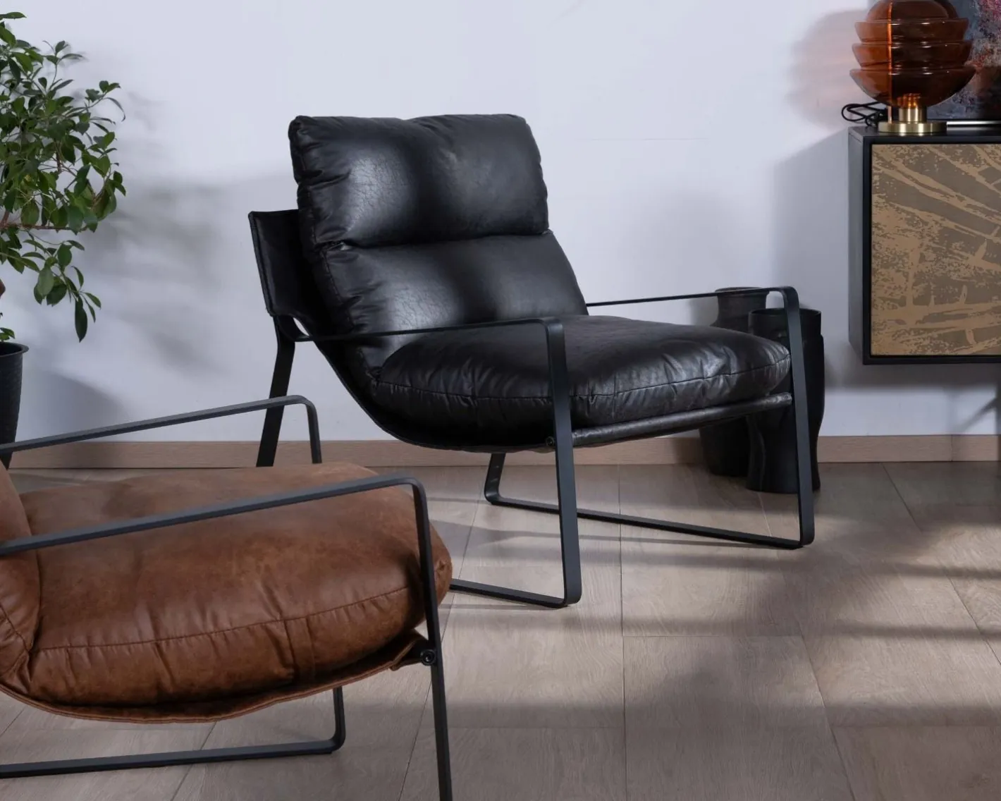 Discount Fauteuil club revisité tissu anthracite et métal noir "Torsten" Fauteuil