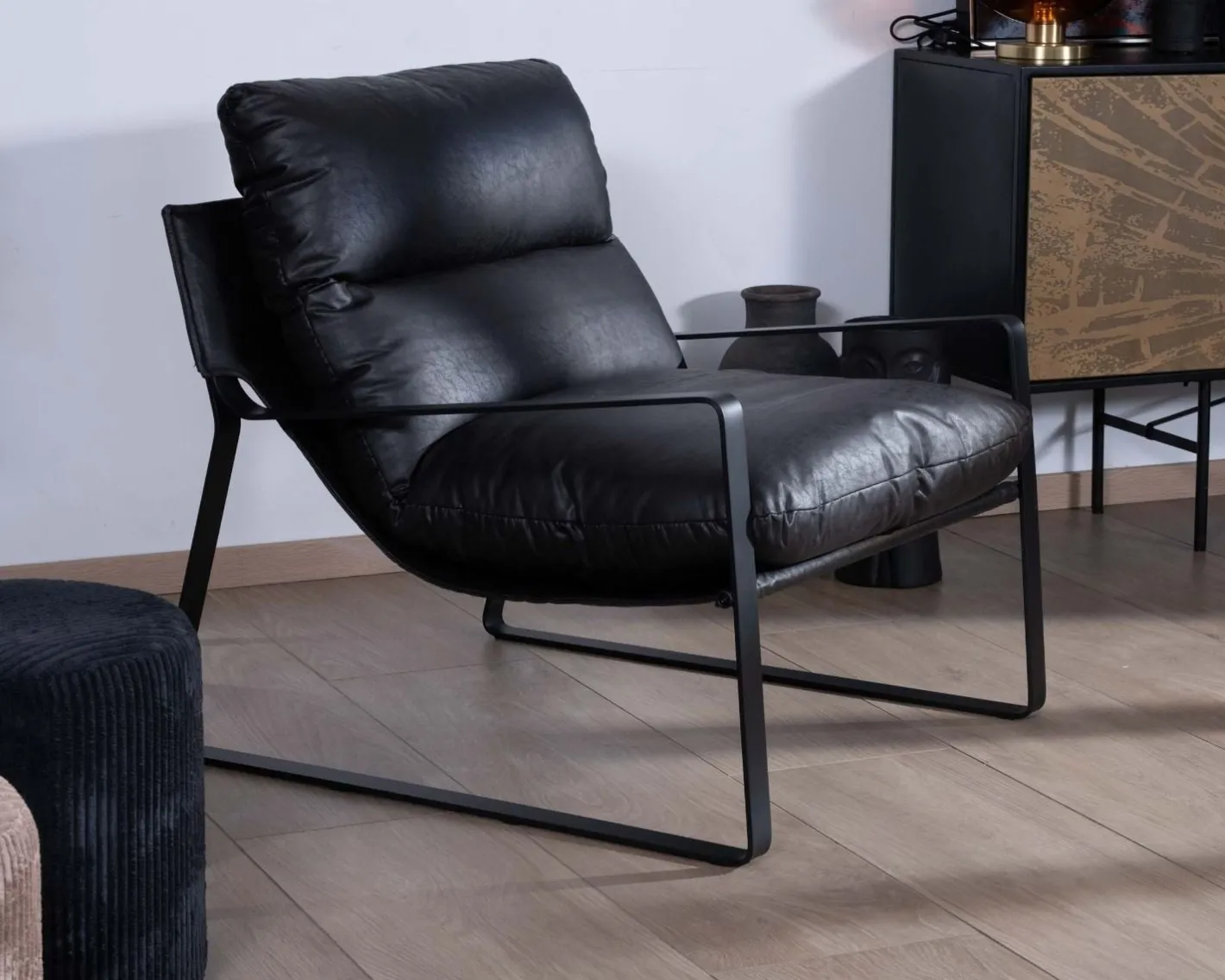 Discount Fauteuil club revisité tissu anthracite et métal noir "Torsten" Fauteuil