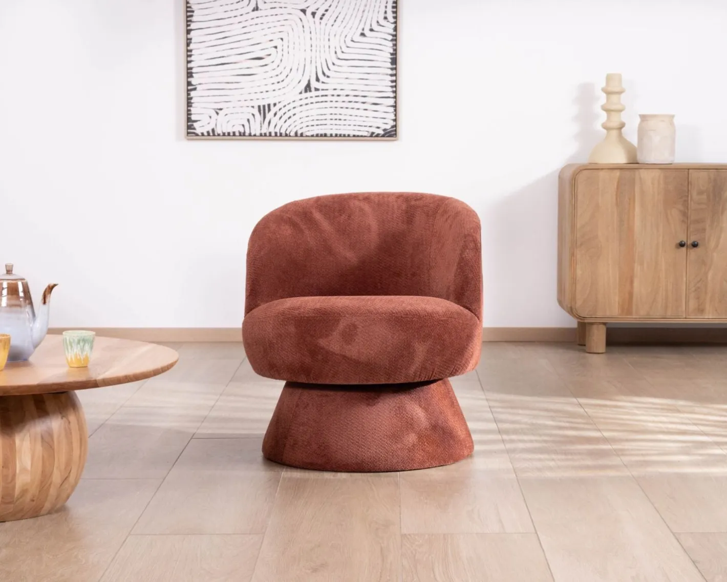 Online Fauteuil d'appoint pivotant en tissu chenillé terracotta "Ladoga" design enveloppant Fauteuil